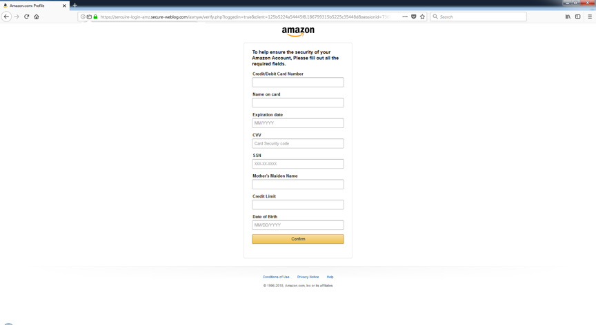 Formulier van poging tot phishing door Amazon-imitator